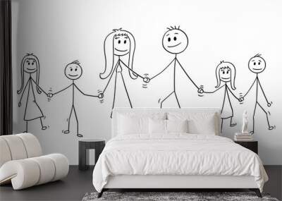 Cartoon stick drawing conceptual illustration of big family. Parents, man and woman and four children, boy and girl are walking while holding hands. Wall mural