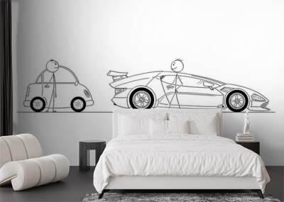 Cartoon stick drawing conceptual illustration of comparison of two men or businessmen. Successful and rich man owns expensive and luxury super sport car, poor guy owns small and cheap car. Business Wall mural