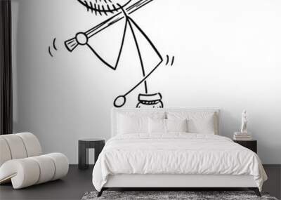 cartoon stick drawing conceptual illustration of prehistoric man or caveman walking with stone axe o Wall mural