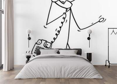 Cartoon stick drawing conceptual illustration of walking man or businessman making phone call with old table phone instead of mobile cell phone. Wall mural