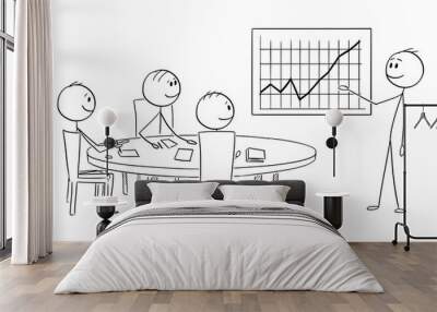 Cartoon stick figure drawing conceptual illustration of businessman presenting graph with good or great financial results on business or work meeting. Wall mural