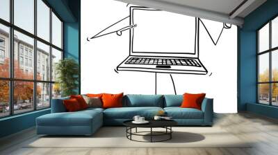 Cartoon stick figure drawing conceptual illustration of laptop or notebook computer character pointing at empty screen and showing thumb up. There is space for your text. Wall mural