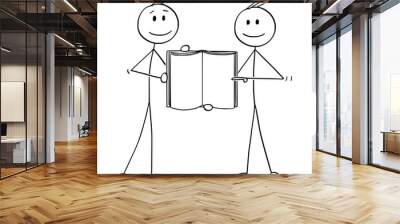 Cartoon stick figure drawing conceptual illustration of two men or businessmen holding together open book showing blank pages. Wall mural