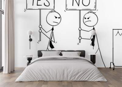 Cartoon stick man drawing conceptual illustration of two arguing angry businessmen with yes and no signs. Wall mural