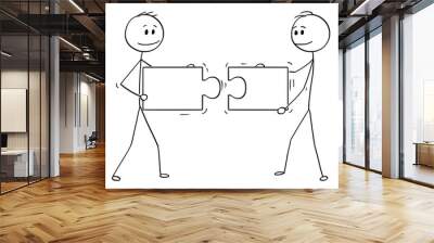 Cartoon stick man drawing conceptual illustration of two businessmen holding and connecting matching pieces of jigsaw puzzle. Business concept of teamwork, collaboration and problem solution. Wall mural