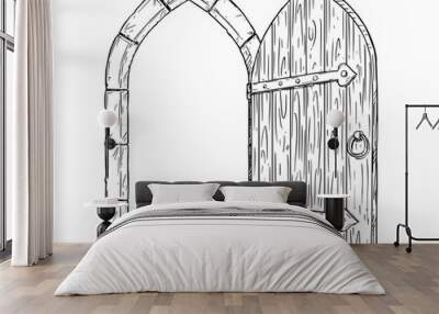 Cartoon vector doodle drawing illustration of open medieval wooden decision door. Wall mural