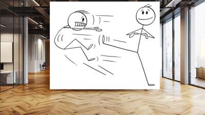 Confident Person Fighting With Enemy or Competitor, Vector Cartoon Stick Figure Illustration Wall mural