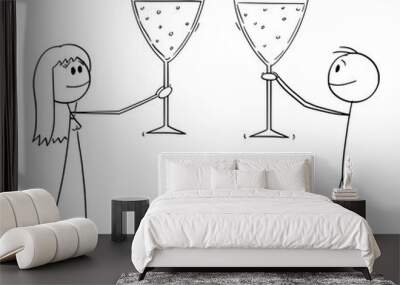 Man and woman or businessman celebrating success with big glasses of wine or champagne, vector cartoon stick figure or character illustration. Wall mural