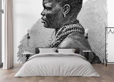 South African girl.Culture and history of Africa. Vintage antique black and white illustration. 19th century. Wall mural