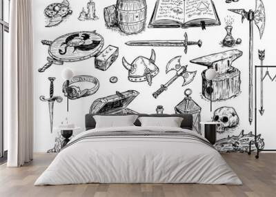 vector artistic pen and ink doodle drawing illustration of set of fantasy objects or prop, mostly we Wall mural