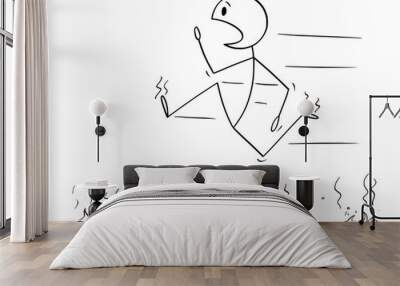 Vector cartoon stick figure drawing conceptual illustration of firewalk, man or businessman running fast in panic or firewalking barefoot over bed of hot embers or stones. Wall mural