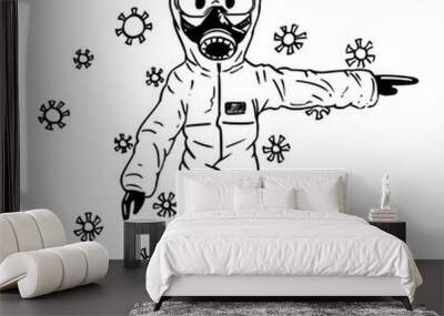 Vector cartoon stick figure drawing conceptual illustration of man wearing protective face mask and suit surrounded by coronavirus covid-19 and pointing at something. Wall mural