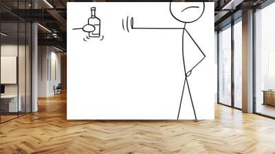 Vector cartoon stick figure drawing conceptual illustration of principled or high-principled man rejecting bottle of alcohol or hard liquor with hand gesture and pose. Wall mural