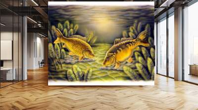 carp fish looking for food at the bottom of a pond, color airbrush Wall mural