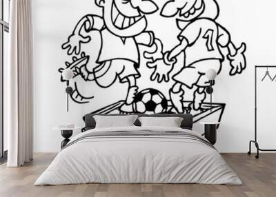 Table football with live soccer players, sport joke, black and white cartoon Wall mural