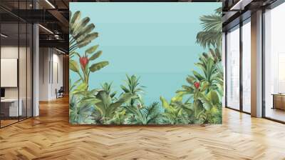 fantastic vector of tropical forest with exotic flowers, leaves, and trees Wall mural