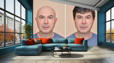 Two portraits of a same middle aged bald man before and after wearing wig Wall mural