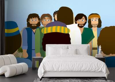 Cartoon Bible illustration of resurrected Jesus speaking to His disciples Wall mural