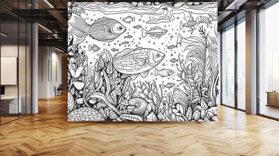 Black and white illustration of fish. Coloring book antistress for children and adults. Illustration isolated on white background - Generative AI technology
 Wall mural