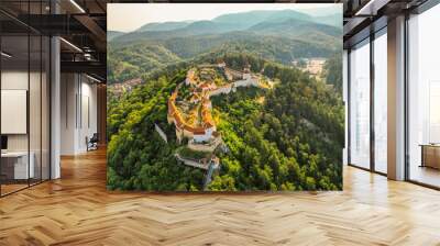 Aerial view of Rasnov Fortress and Rasnov city and forest around in Brasov, Transylvania, Romania Wall mural