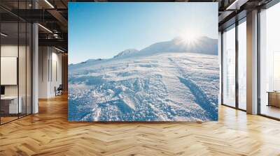 Alpine mountains landscape with white snow and blue sky. Sunset winter in nature. Frosty trees under warm sunlight. Wonderful wintry landscape. Low Tatras, Slovakia Wall mural