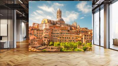 Siena, medieval town in Tuscany, with view of the Dome & Bell Tower of Siena Cathedral,  Mangia Tower and Basilica of San Domenico, Italy Wall mural