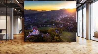 Sun set in old town with historical cityspace buildings in Banska Stiavnica, Slovakia, UNESCO Wall mural