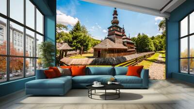 The Greek Catholic wooden church of the Protection of the Most Holy Mother of God from Mikulasova in Saris museum in Bardejov spa, Slovakia Wall mural