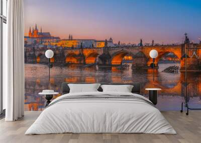 View of the city of Prague castle in hradcany and the Vltava river with Charles bridge in Prague, Czech Republic. Wall mural