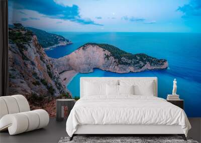 Zakynthos, Greece. Navagio Beach with wrecked ship in Ionian Sea. Beautiful views of azure sea water and nature with cliffs cave. Wall mural