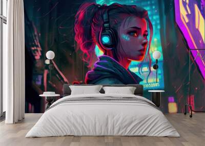 anime girl with headset vibe to music , cyberpunk, steampunk, sci-fi, fantasy Wall mural