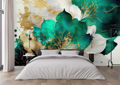 flower marble texture with abstract green, white, glitter and gold background alcohol ink colors	
 Wall mural