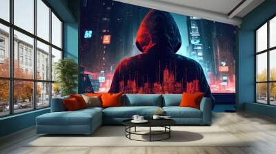 hacker in city with matrix text Wall mural