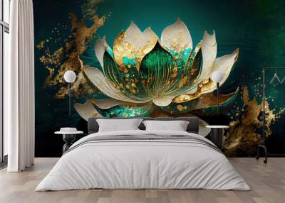 lotus marble texture with abstract green, white, glitter and gold background alcohol ink colors	 Wall mural