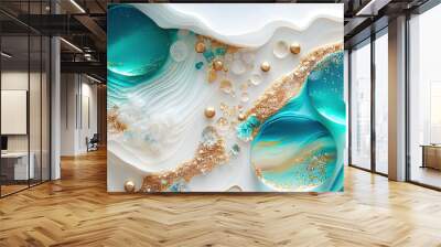 marble aqua blue gold texture, liquid, wallpaper, background Wall mural