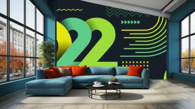 happy new year 2022 text design with modern calligraphy and dark background style. Creative Greeting card banner for 2022 clean energy colorful vegan green yellow lines. Latest Vector illustration Wall mural