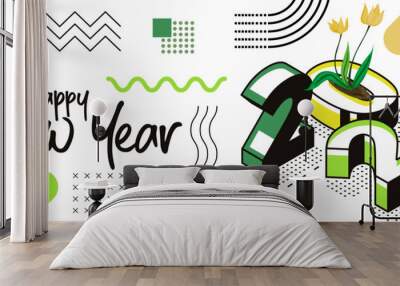 happy new year 2025 text design with modern calligraphy plants background style. Creative Greeting card banner for 2025 clean energy colorful vegan green yellow lines. Isometric Vector illustration. Wall mural