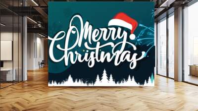 Merry Christmas banner with winter theme snow design background. Christmas ornaments calligraphy with Santa hat and red green blue gifts with Snowflakes pine trees fireworks. Vector Illustration. Wall mural