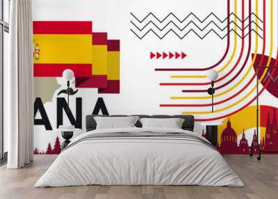 Spain national day banner for España , Espana or Espania with abstract modern design. Flag and map of Spain with red yellow color theme. Barcelona Madrid skyline in background. Vector illustration. Wall mural