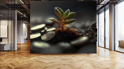 A bud growing on a pile of coins. Business growth, profit, and success illustration. Generative AI Wall mural