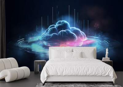 Digital informational technology web futuristic hologram with cloud icon, blue golden light digits and code background, cloud computing. Abstract Motion of digital data flow. Generative AI Wall mural