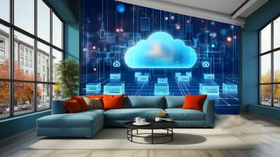 Digital informational technology web futuristic hologram with cloud icon, blue golden light digits and code background, cloud computing. Abstract Motion of digital data flow. Generative AI Wall mural