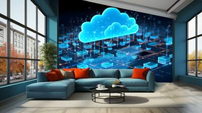 Digital informational technology web futuristic hologram with cloud icon, blue golden light digits and code background, cloud computing. Abstract Motion of digital data flow. Wall mural