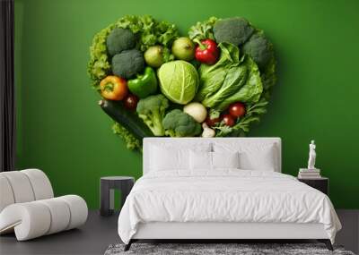 Heartshaped fresh veggies on a green backdrop. Happy vegan day. AI Generated Wall mural