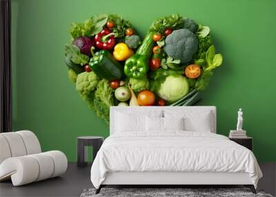 Heartshaped fresh veggies on a green backdrop. Happy vegan day. AI Generated Wall mural