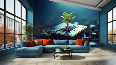 Plant growing on computer chip representing digital ecology business with blurred background. Wall mural