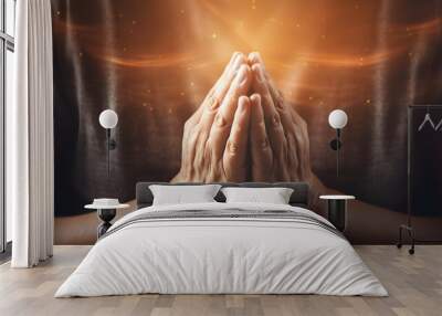 Praying hands with faith in religion and belief in God. Power of hope or love and devotion. Prayer position. Wall mural