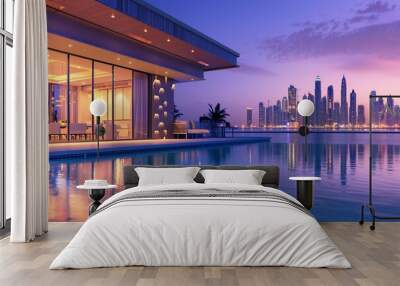 : A luxury 3D house with a spacious open-plan design, featuring an infinity pool overlooking a city skyline at dusk, lights beginning to twinkle. Wall mural