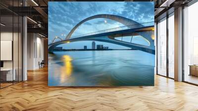 : A striking, modern bridge with a sleek, arched design and integrated lighting, spanning a wide river with a city skyline in the background. Wall mural