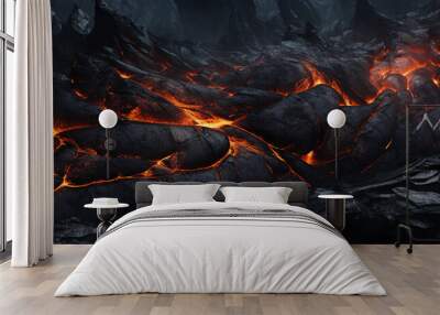 Depict the texture of a frozen lava flow, capturing the rough and dynamic nature of volcanic rock with hints of molten lava solidifying into unique patterns Wall mural